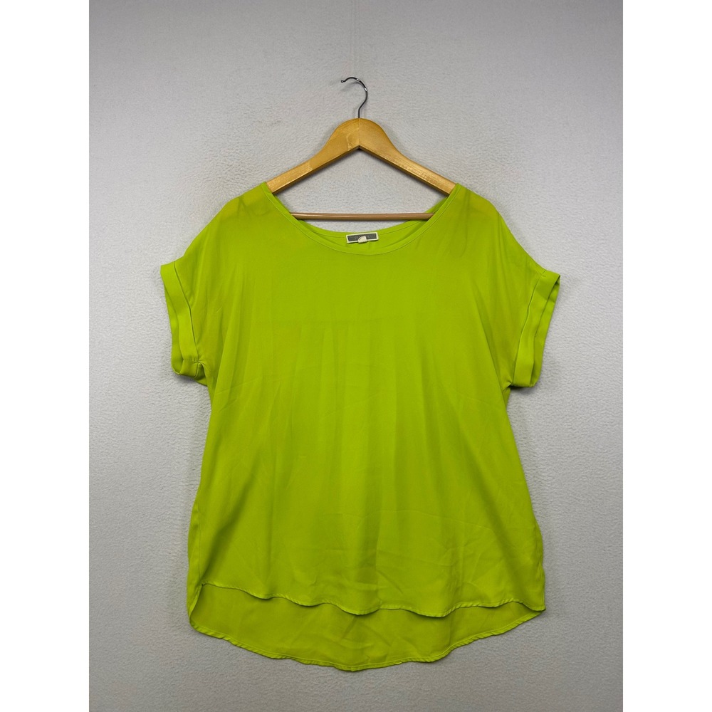 Neon Pleated Back Pleione Women Medium Lime Green Short Sleeve Blouse Top Office